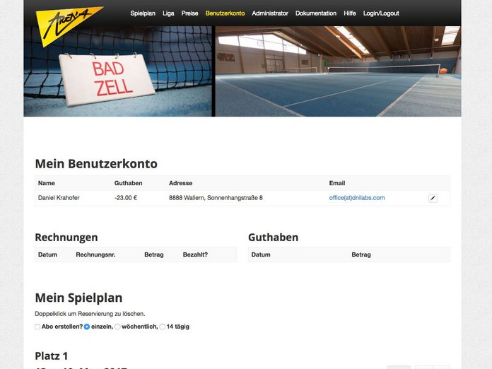 Tennisplatzreservierung Gemeinde Badzell Typo3 Webapplikation Benutzerseite